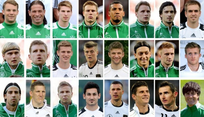 Manuel Neuer, Tim Wiese, Ron-Robert Zieler, Holger Badstuber, Jerome Boateng, Benedikt Hoewedes, Mats Hummels and Philipp Lahm, Marcel Schmelzer, Per Mertesacker, Lars Bender, Toni Kroos, Thomas Mueller, Mesut Oezil, Andre Schuerrle, Sami Khedira, Bastian Schweinsteiger, Mario Goetze, Ilkay Guendogan, Mario Gomez, Miroslav Klose, Lukas Podolski, Marco Reus and Trainer Joachim Loew. AFP PHOTO