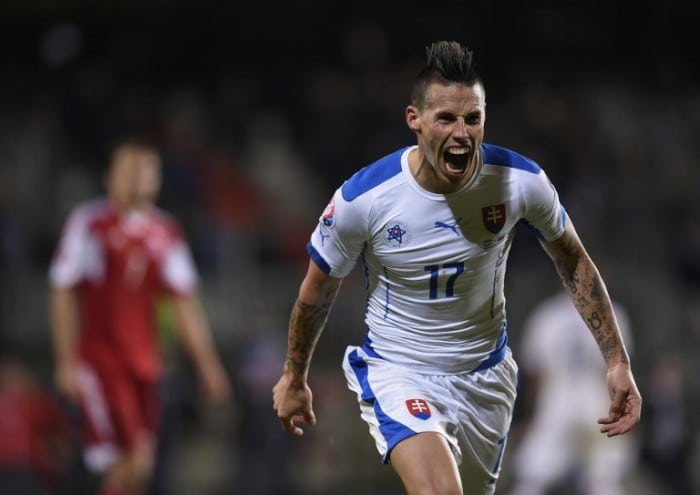 Slovakia's midfielder Marek Hamsik celebrates after scoring during the Euro 2016 qualifying football match between Luxembourg and Slovakia at the Josy Barthel Stadium, on October 12, 2015 in Luxembourg. AFP PHOTO / JOHN THYS / AFP / JOHN THYS