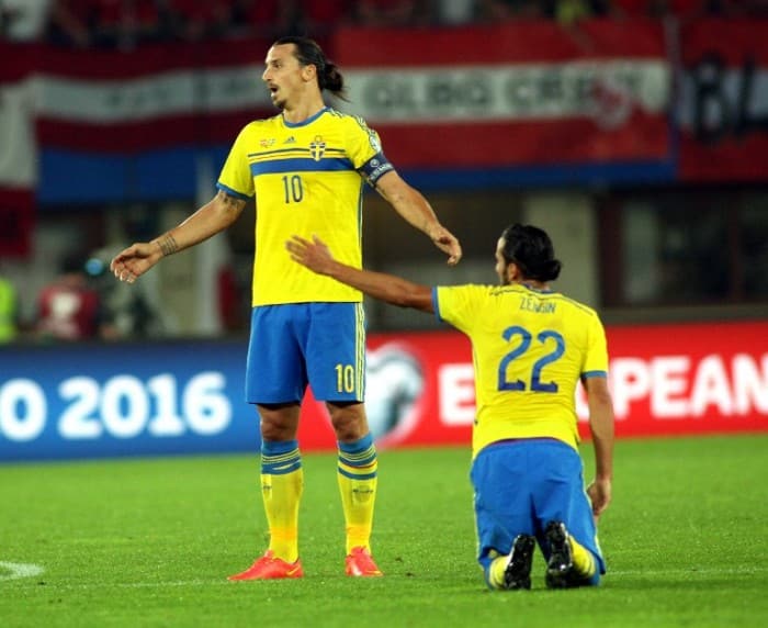 Sweden's forward Zlatan Ibrahimovic (L) and Sweden's midfielder Erkan Zengin react during the UEFA Euro 2016 Group G qualifying football match Austria vs Sweden on 8, 2014 in Vienna, Austria. The match ended with a 1-1 draw. AFP PHOTO / GUENTER R. ARTINGER