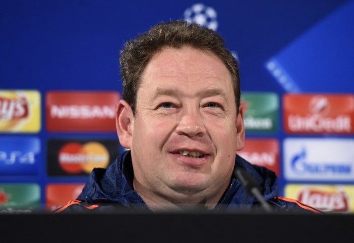 CSKA Moscow head coach Leonid Slutsky attends a press conference on the eve of the UEFA Champions League group B match between VfL Wolfsburg and CSKA Moscow in Wolfsburg, on September 14, 2015. AFP PHOTO / TOBIAS SCHWARZ