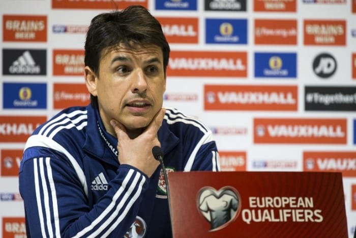 Wales' Head Coach Chris Coleman speaks during a press conference at the Sammy Ofer Stadium in the Israeli coastal city of Haifa, on March 27, 2015, on the eve of the Euro 2016 qualifying match between Israel and Wales. AFP PHOTO / JACK GUEZ
