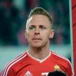 Hungary's midfielder and captain Balázs Dzsudzsák is pictured prior to the Euro 2016 play-off football match between Hungary and Norway at the Grupama Arena in Budapest on November 15, 2015.  / AFP / ATTILA KISBENEDEK