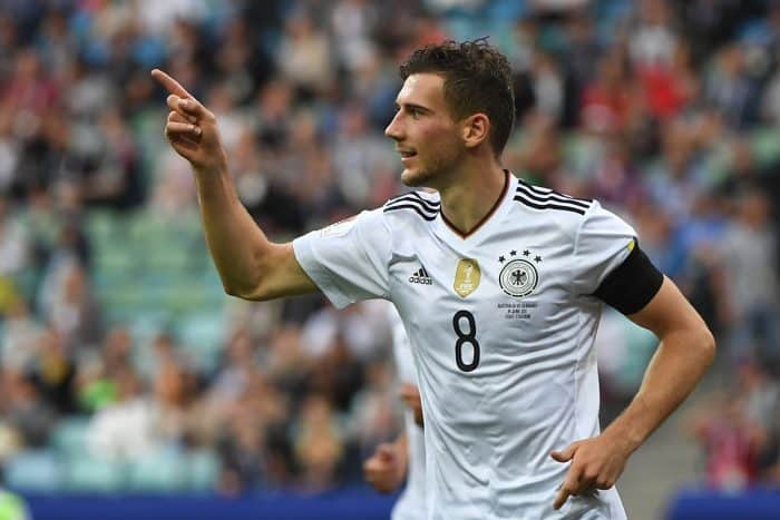 Leon Goretzka beim Confederations Cup gegen Australien nach seinem Treffer am 19Juni 2017. / AFP PHOTO / Patrik STOLLARZ