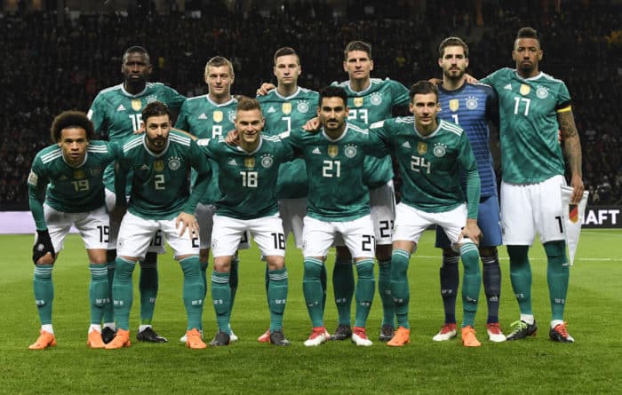 Die deutsche Startaufstellung von Deutschland gegen Brasilien am 27.März 2018 in Berlin im neuen DFB Away Trikot vom adidas (Foto AFP)