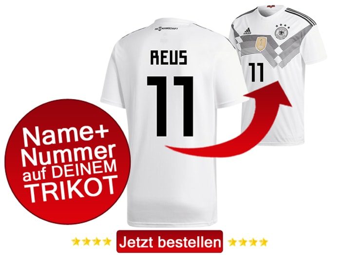 Das neue DFB Trikot mit Beflockung von Marco Reus mit der Nummer 11 kaufen.