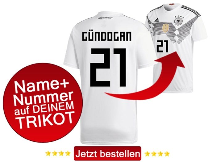 Das neue DFB Trikot mit Beflockung von Ilkay Gündogan mit der Nummer 21 kaufen.