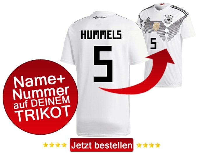 Das neue DFB Trikot mit Beflockung von Mats Hummels mit der Nummer 5 kaufen.