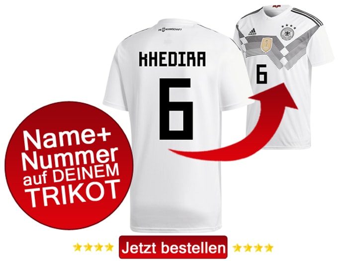 Das neue DFB Trikot mit Beflockung von Sami Khedira mit der Nummer 6 kaufen.