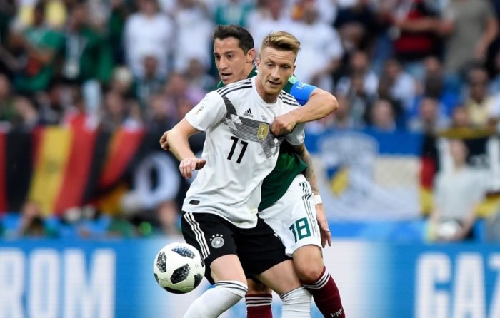 Marco Reus mit der Nummer 11 im deutschen Heimtrikot gegen Mexiko am 17.6.2018 bei der Fußball Weltmeisterschaft 2018. Foto Marco Iacobucci EPP / Shutterstock.com