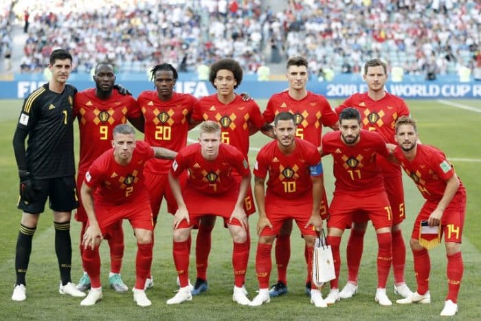 Belgiens Startaufstellung gegen Panama im Fisht Stadium in Sochi am 18.Juni 2018 im 1.Vorrundenspiel im roten Heimtrikot Belgiemns. / AFP PHOTO / Adrian DENNIS /