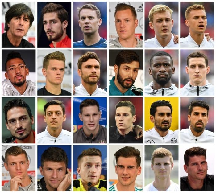 Jogi Löw und seine 23 Nationalspieler des WM Kaders 2018 für die Fußball WM 2018 in Russland / AFP PHOTO / -