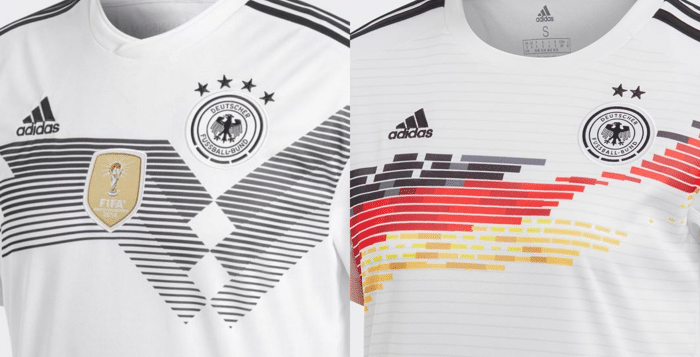 DFB Trikot 2018 und 2019 im Vergleich: Links das Herren WM Trikot 2018, rechts das WM Trikot der Damen 2019