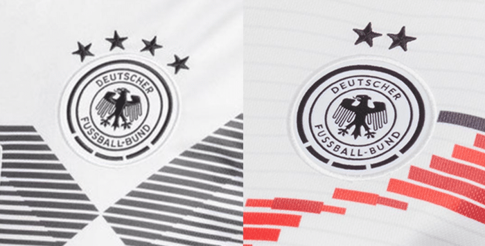 Links die vier WM Sterne der Männer, rechts die zwei WM Sterne der Damen auf den aktuellen DFB Trikots.