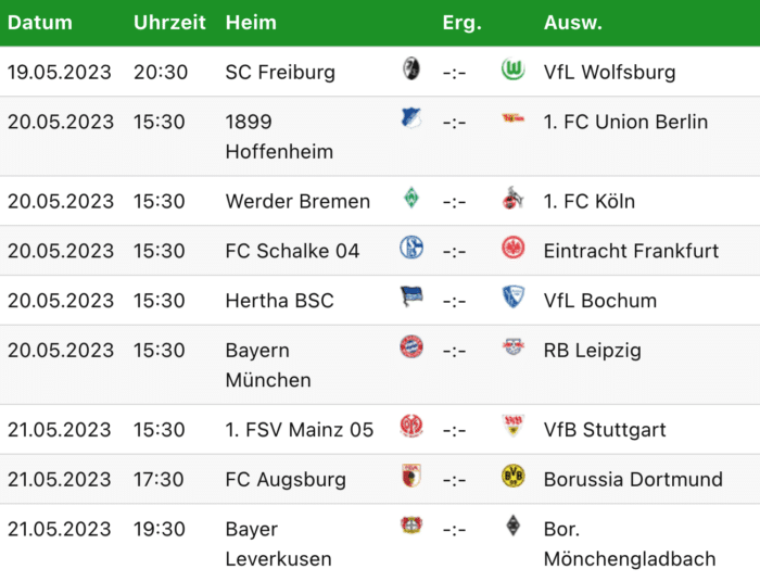 Der Bundesliga Spielplan am 33.Spieltag