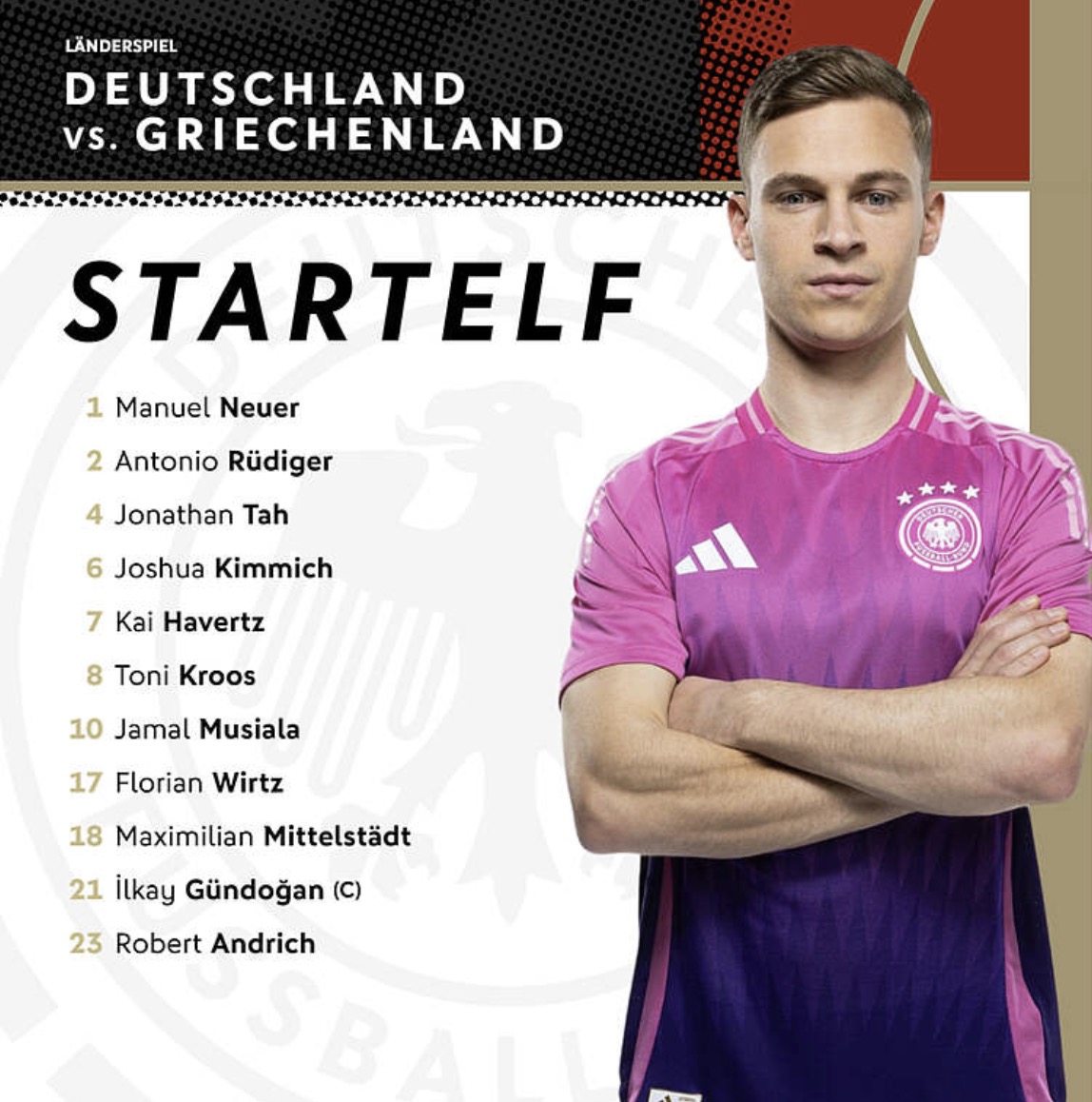 Deutschland gegen Griechenland: Welches DFB Trikot wird heute getragen? Die deutsche Aufstellung: 1 Neuer - 2 Rüdiger, 4 Tah, 6 Kimmich, 7 Havertz, 8 Kroos, 10 Musiala, 17 Wirtz, 18 Mittelstädt, 21 Gündogan (C), 23 Andrich