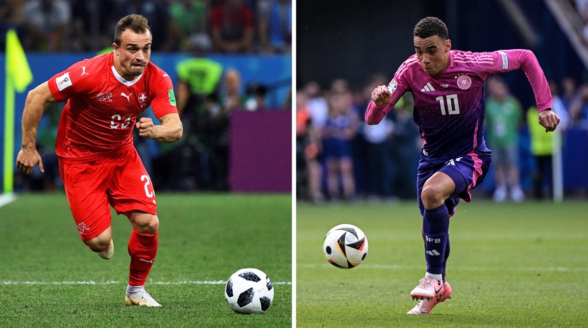 Der Schweizer Stürmer Xherdan Shaqiri und rechts der deutsche Mittelfeldspieler Jamal Musiala - sie treffen am 23. Juni 2024 in der Frankfurter Arena in einem Fußballspiel der UEFA-Eurogruppe A auf Deutschland. (Foto von Johannes EISELE und Damien MEYER / AFP)