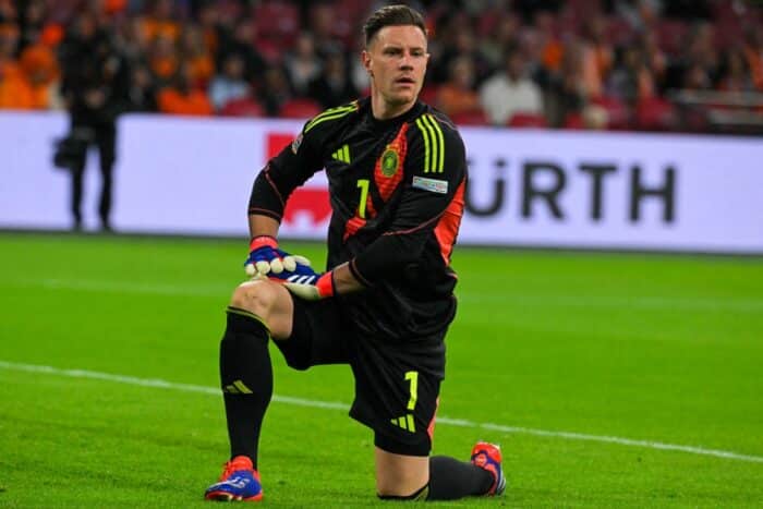 #Die Nummer 1 Marc-Andre Ter Stegen  während des UEFA Nations League Fußballspiels zwischen den Niederlanden und Deutschland in der Johan Cruyff Arena in Amsterdam am 10. September 2024 zu. (Foto: NICOLAS TUCAT / AFP)