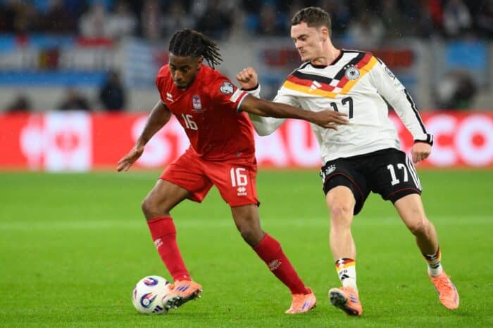 Der deutsche Nationalspieler Florian Wirtz das erste Mal im neuen Deutschland Trikot 2026 gegen Luxemburg am 14.November 2025. (Photo by JOHN THYS / AFP)