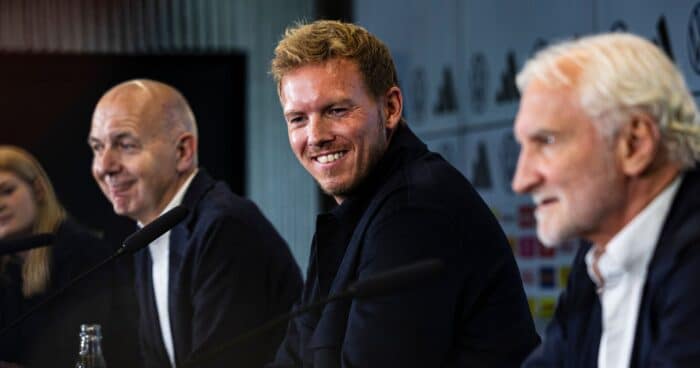 Pressekonferenz mit Bundestrainer Julian Nagelsmann, Bernd Neuendorf (DFB-Praesident), Rudi Voeller (DFB-Direktor Maenner-Nationalmannschaft), Foto: Thomas Boecker/DFB