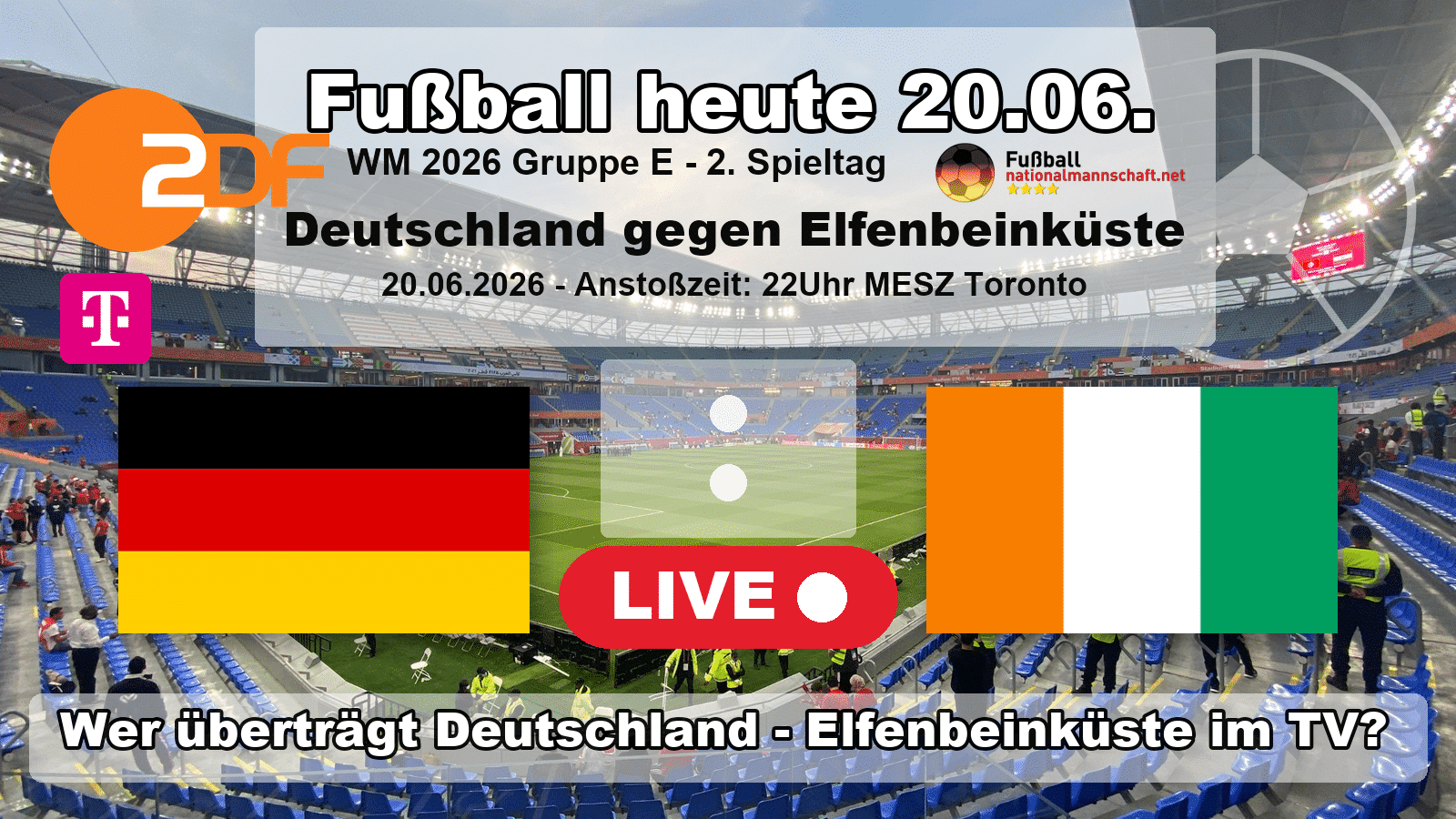 Wer überträgt Deutschland gegen Elfenbeinküste? WM 2026 Grafik, 20.06.2026, 22 Uhr MESZ in Toronto, live im ZDF und bei MagentaTV.