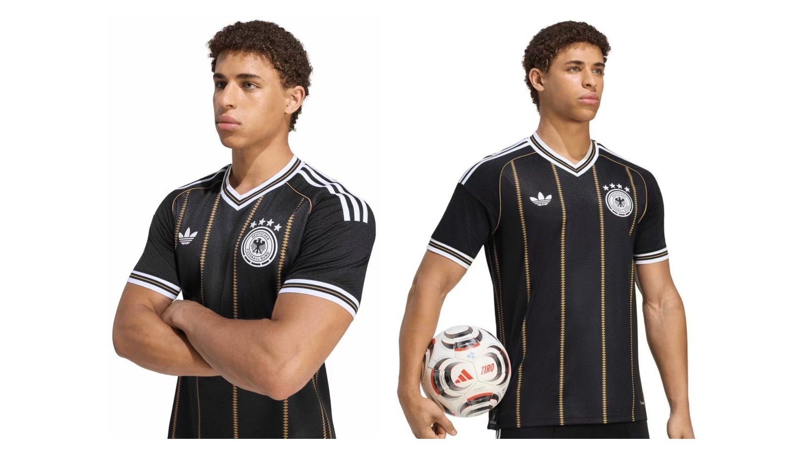Das schwarze Deutschland Trikot 2026 für Herren an zwei Models, einmal mit den passenden Auswärtsshorts. (Bilder: adidas, Collage: deutschlandtrikot.de)
