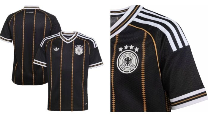 Das schwarze Deutschland Trikot 2026 für Kinder mit Vorder- und Rückseite, daneben das DFB-Wappen mit vier Sternen im Detail. (Bilder: adidas, Collage: deutschlandtrikot.de)
