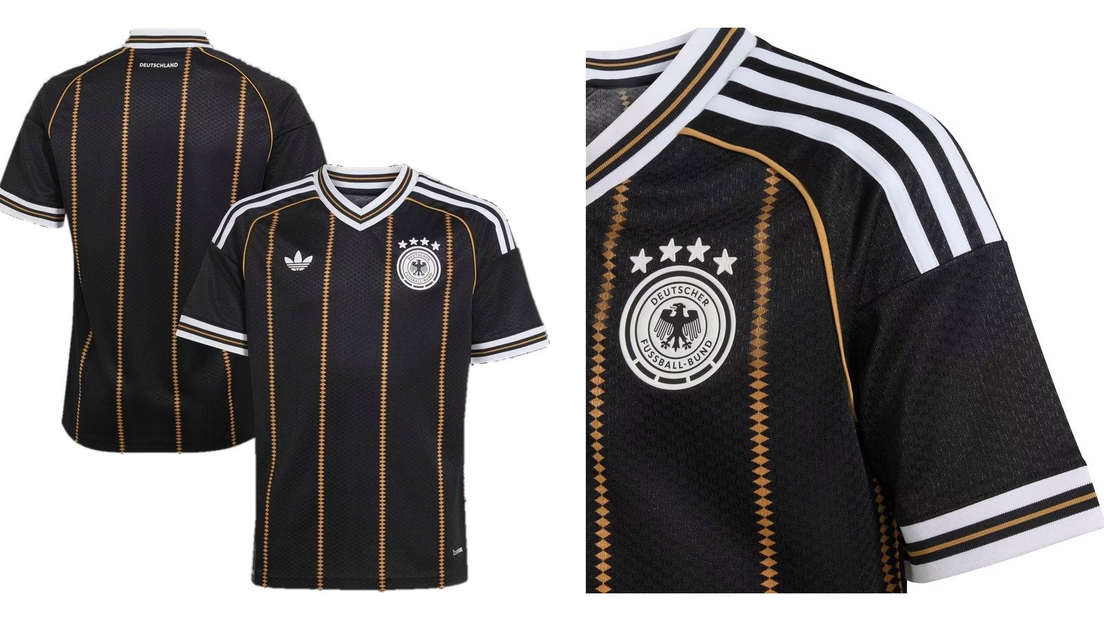 Das schwarze Deutschland Trikot 2026 für Kinder mit Vorder- und Rückseite, daneben das DFB-Wappen mit vier Sternen im Detail. (Bilder: adidas, Collage: deutschlandtrikot.de)