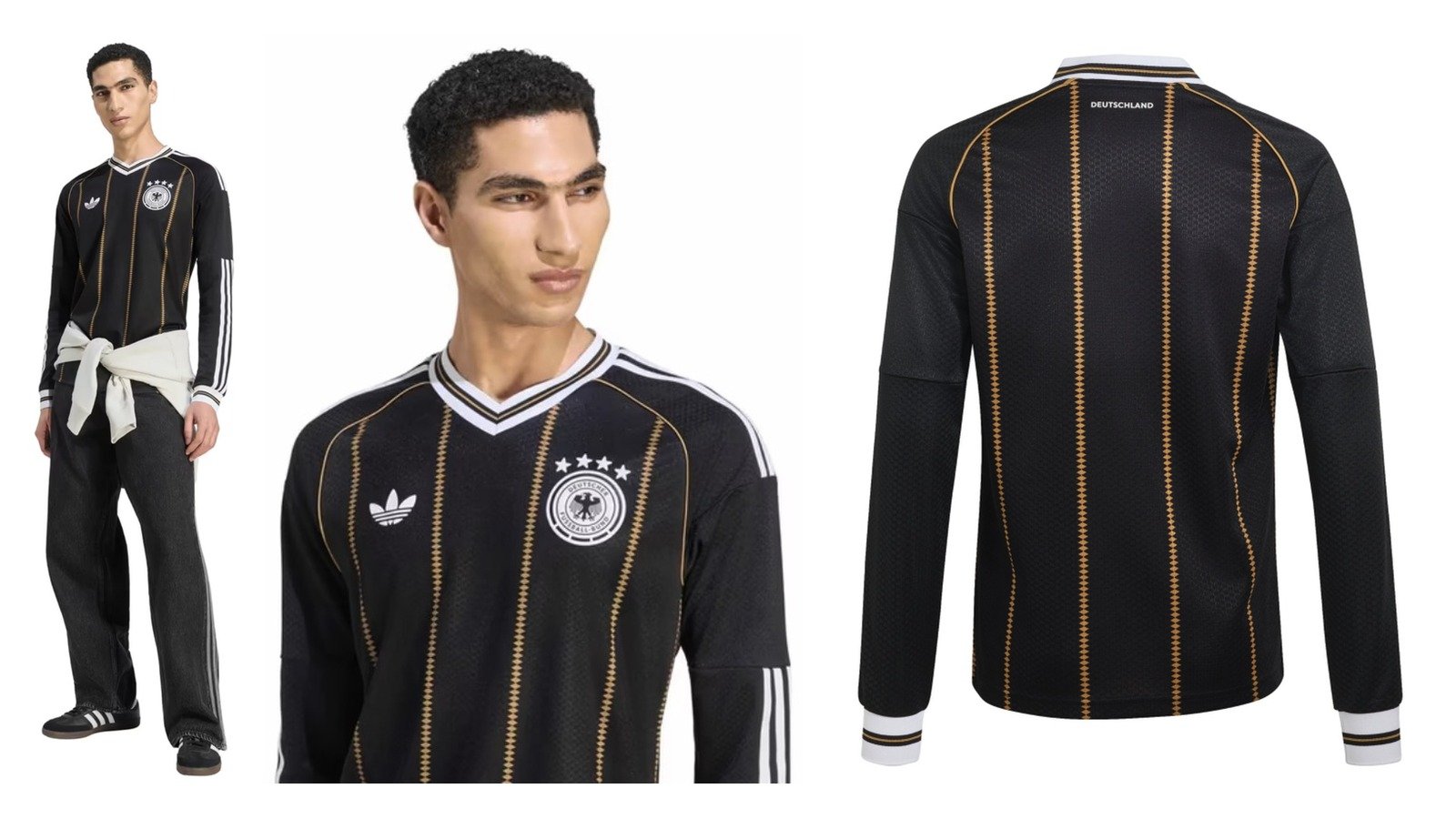Das schwarze Deutschland Trikot 2026 mit langen Ärmeln: im Streetwear-Look, am Model und von hinten mit Schriftzug „Deutschland“. (Bilder: adidas, Collage: deutschlandtrikot.de)
