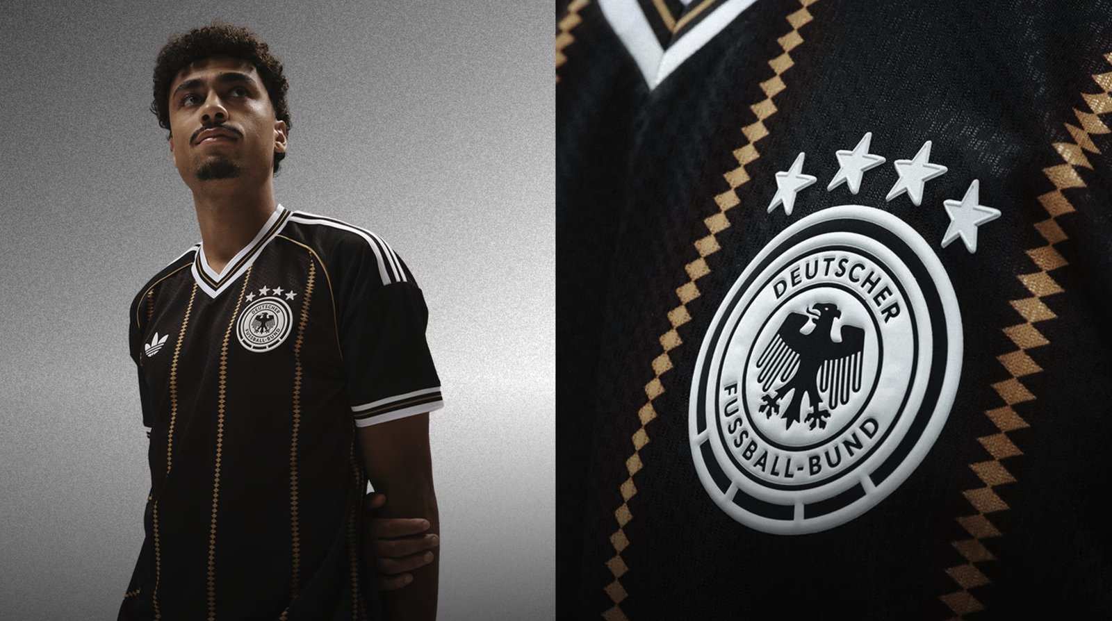 Kampagnenmotiv zum schwarzen DFB Trikot 2026: links ein Model im adidas Ausweichtrikot mit goldenen Rautenstreifen, rechts das DFB-Wappen mit vier Sternen in der Nahaufnahme. (Bild: adidas)