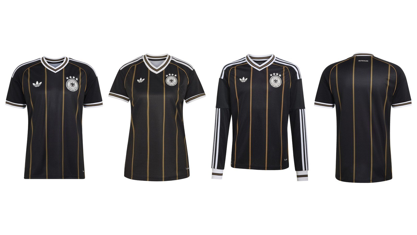Das schwarze DFB Trikot 2026 in allen Varianten: Herrentrikot, Damentrikot, Langarmtrikot und die Rückseite mit dem Schriftzug „Deutschland“ im Nacken. (Bilder: adidas, Collage: fussballnationalmannschaft.net)