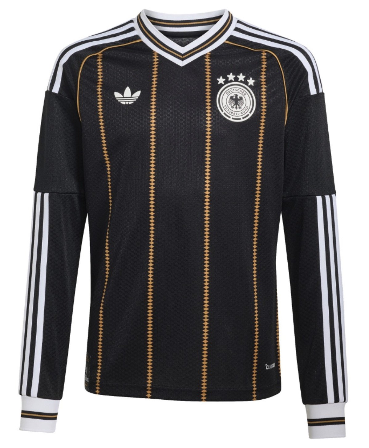 Das schwarze DFB Trikot 2026 als Langarmversion: drei weiße adidas-Streifen auf den Ärmeln, gestreifte Bündchen und goldene Nadelstreifen. (Bild: adidas)